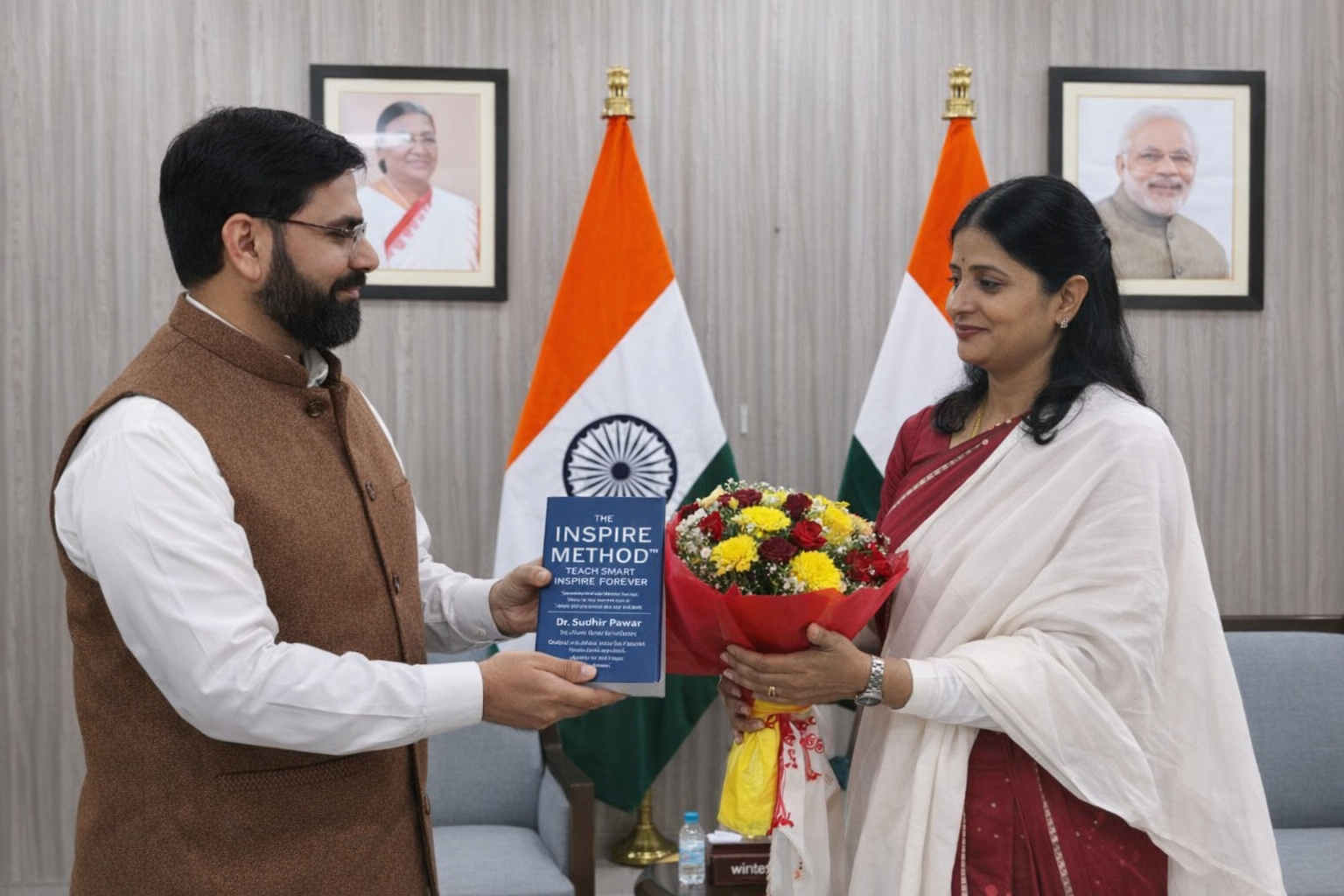 Dr. Sudhir Pawar presenting a book to Smt. Anupriya Patel, Union Minister of State for Health & Family Welfare and Chemicals & Fertilisers
